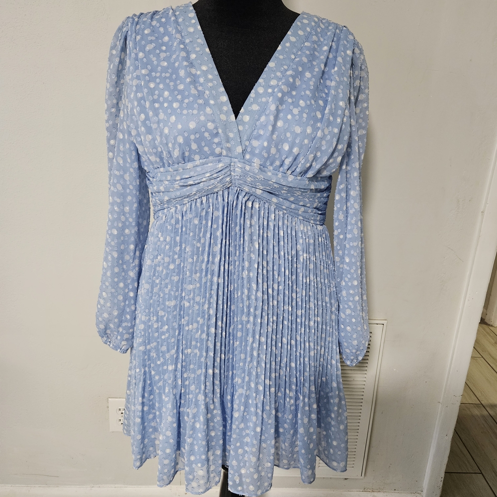 Alex Marie Blue Pleated V-Neck Long Sleeve Dress